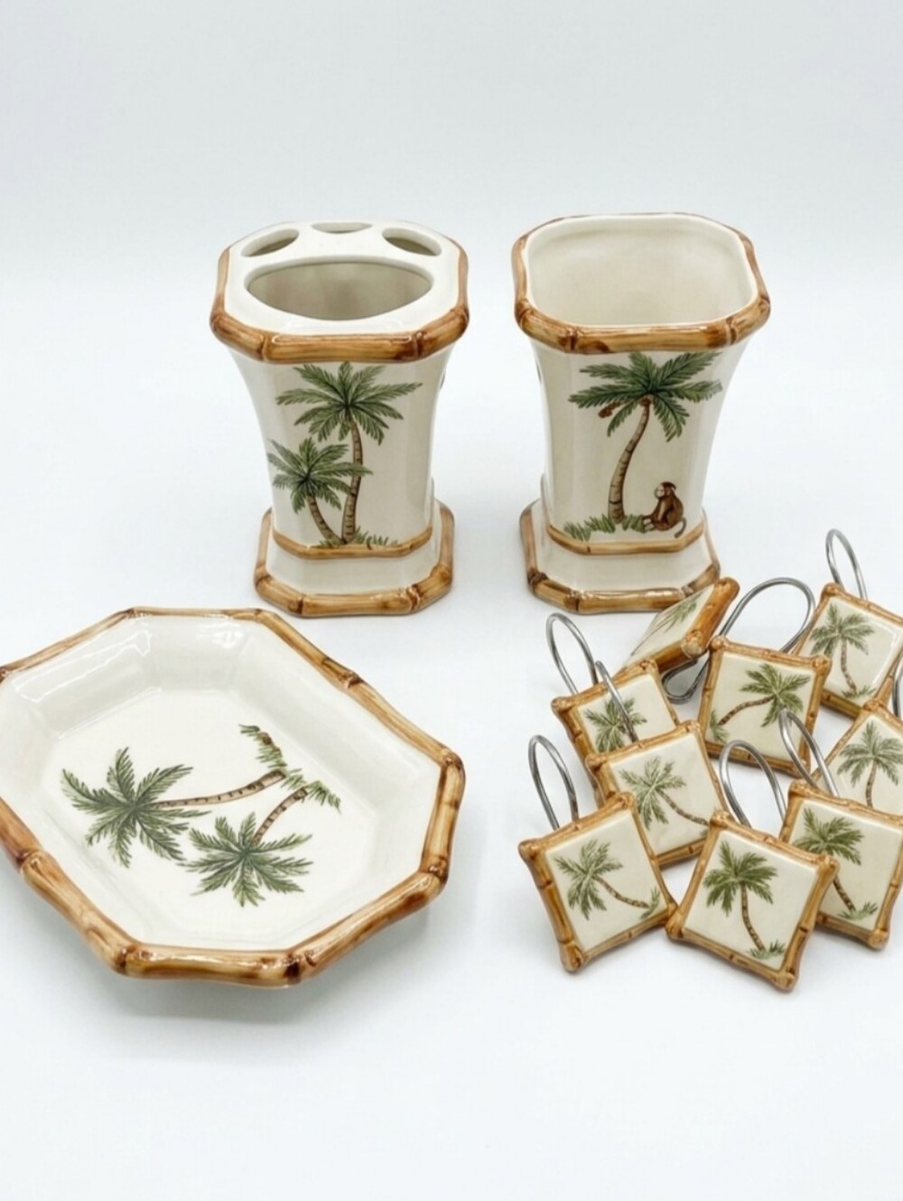Vintage Springmaid Palm Breeze Bathroom Set Ceramic Soap Dish Toothbrush Holder